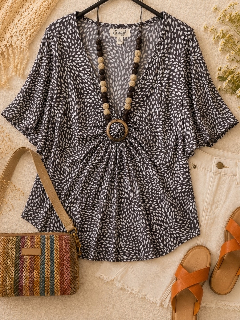 Jessica Plus Brown And Cream Swirl Ring Detail Boho Top 2X